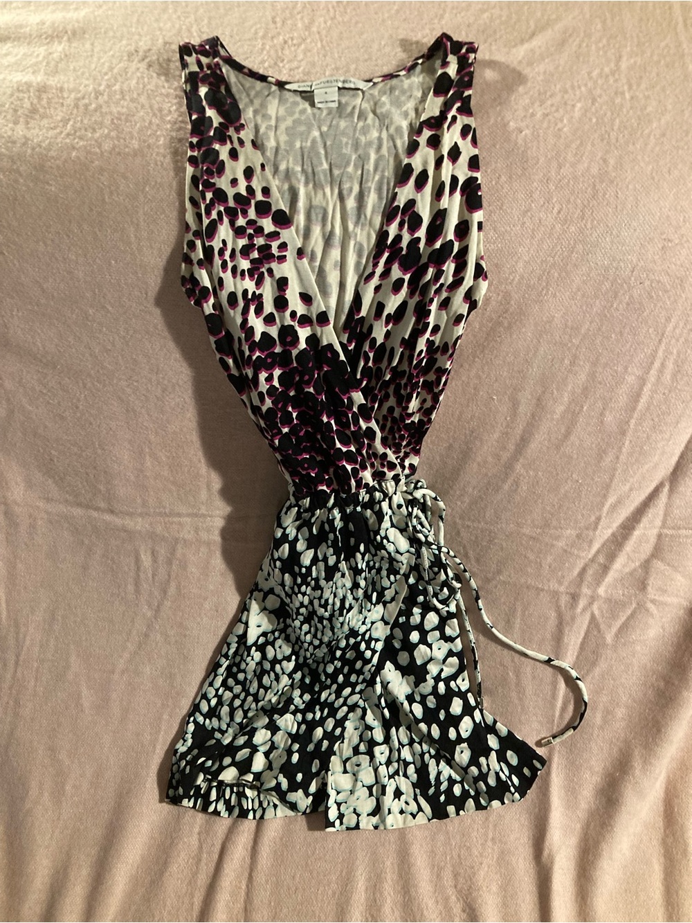 Diane Von Furstenberg purple blue White & Black Mixed Spot Wrap Mini Dress